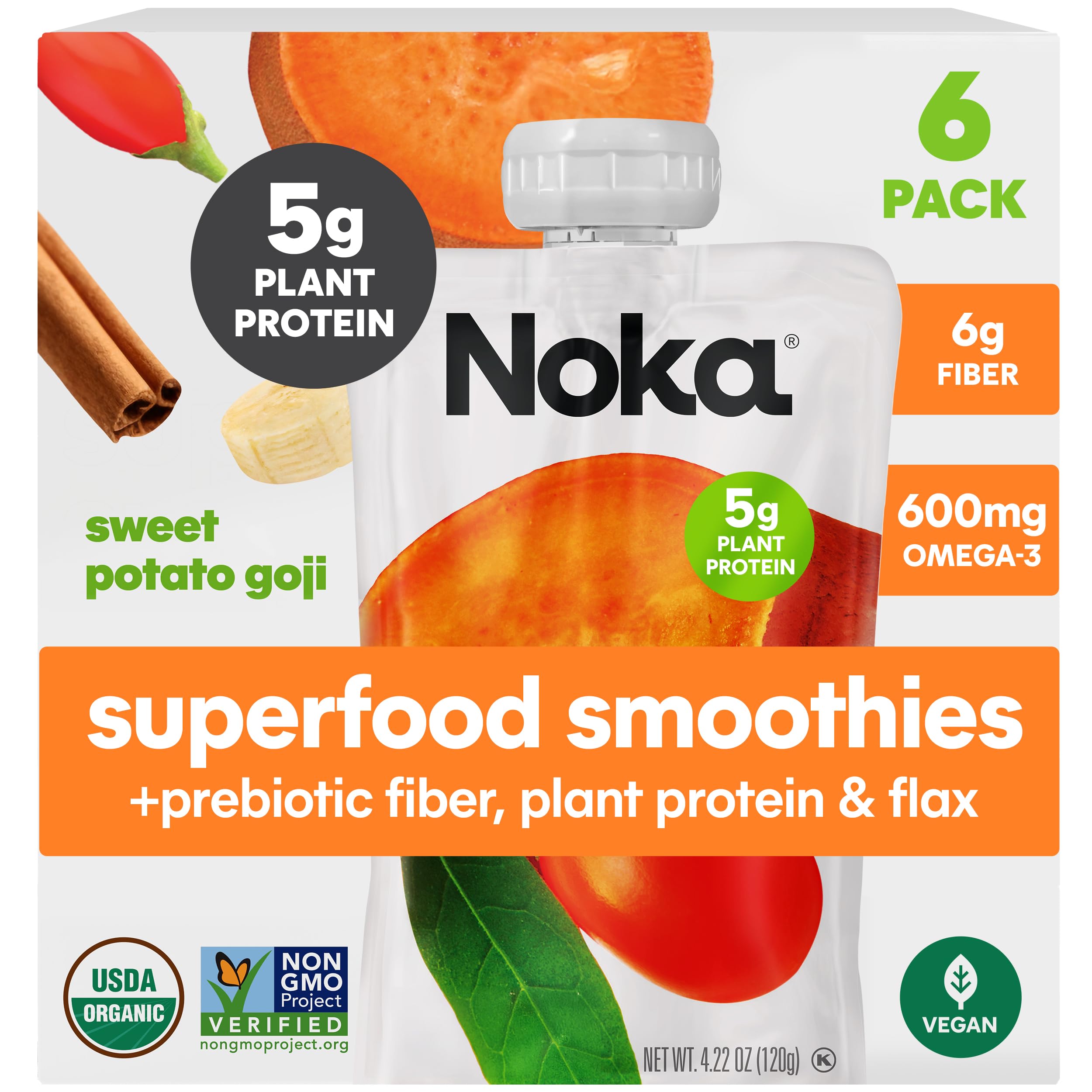 NOKA Sweet Potato Goji smoothie pouch 6-pack, convenient on-the-go snack.