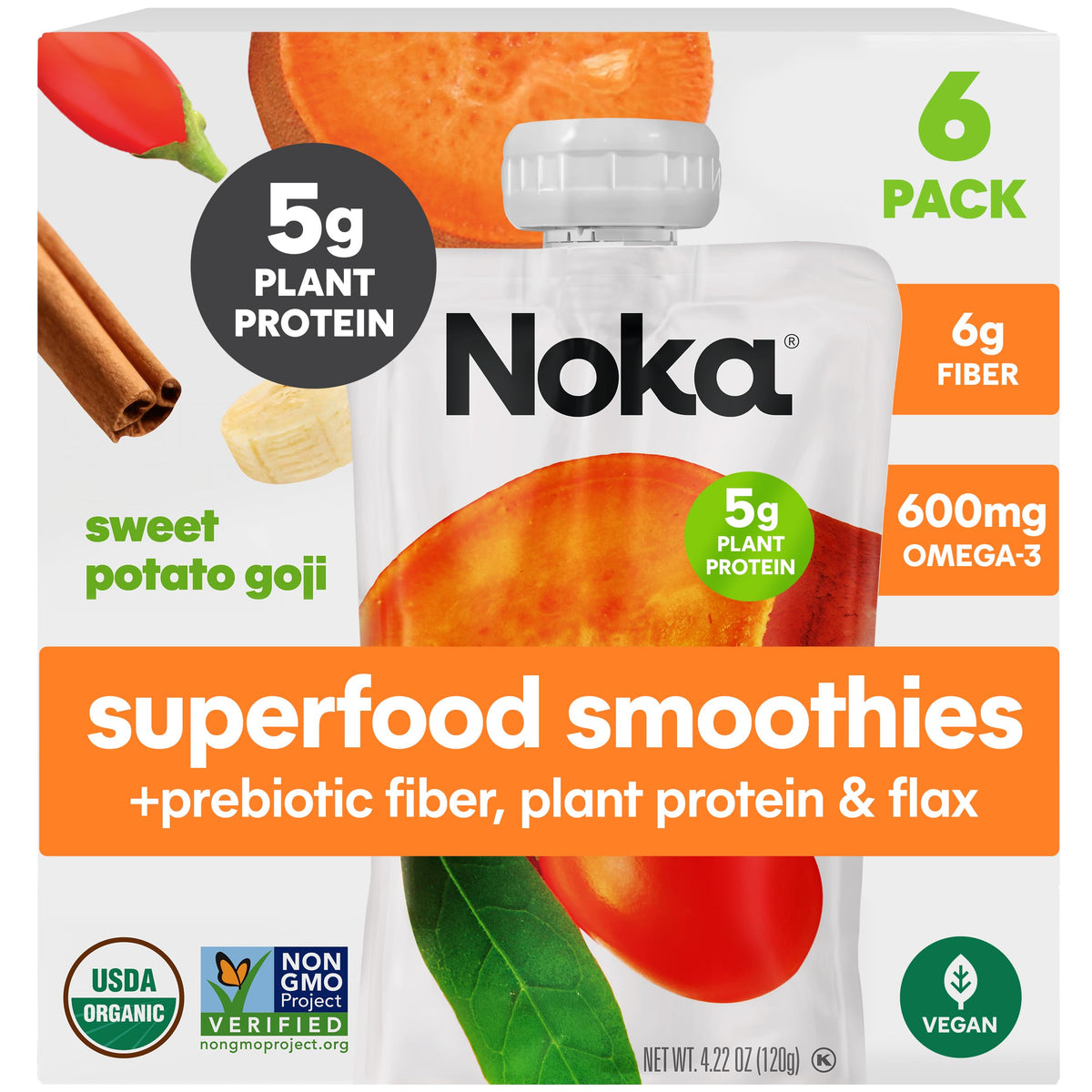 NOKA Sweet Potato Goji smoothie pouch 6-pack, convenient on-the-go snack.