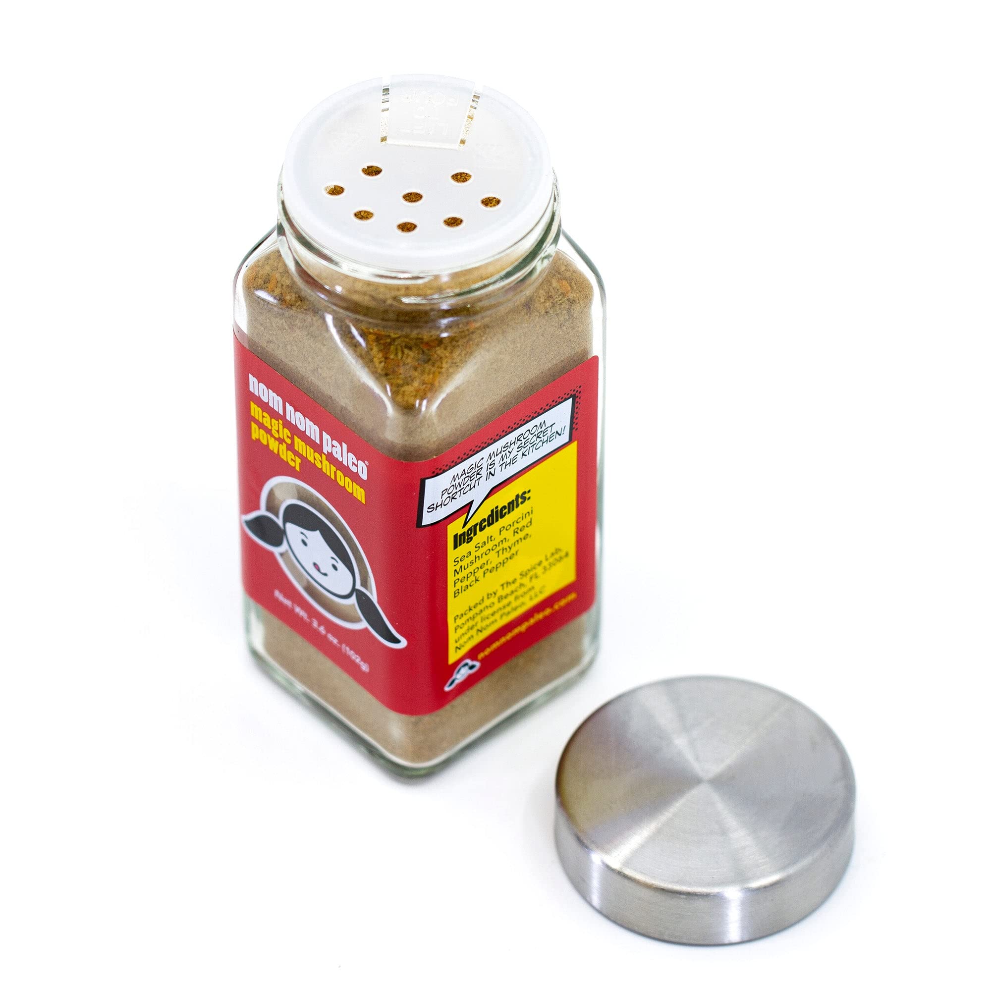 Nom Nom Paleo Magic Mushroom Seasoning Powder being dispensed to season pan sauces