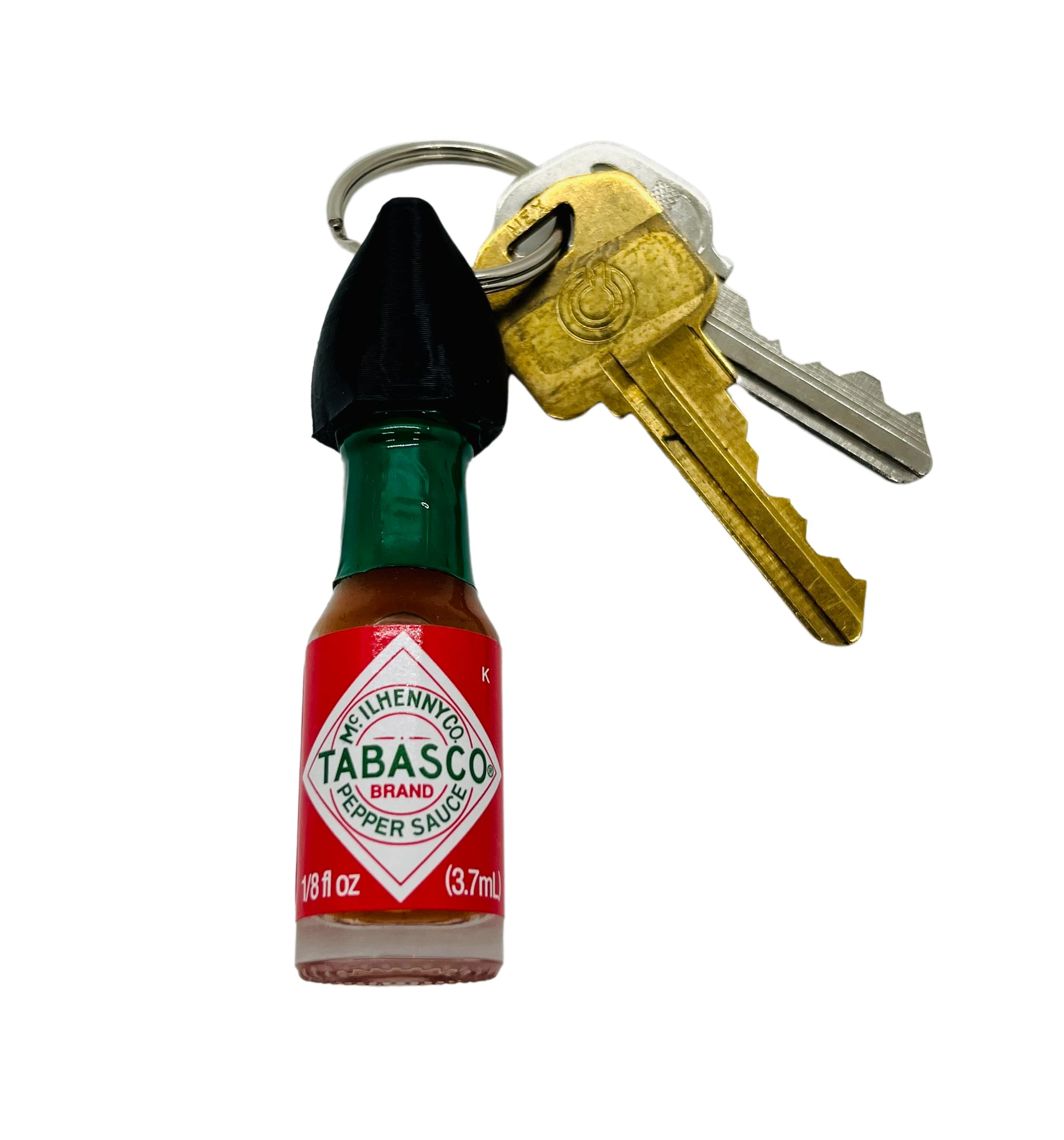 Nomad Enterprises hot sauce keychain close-up showing secure bottle cap for travel