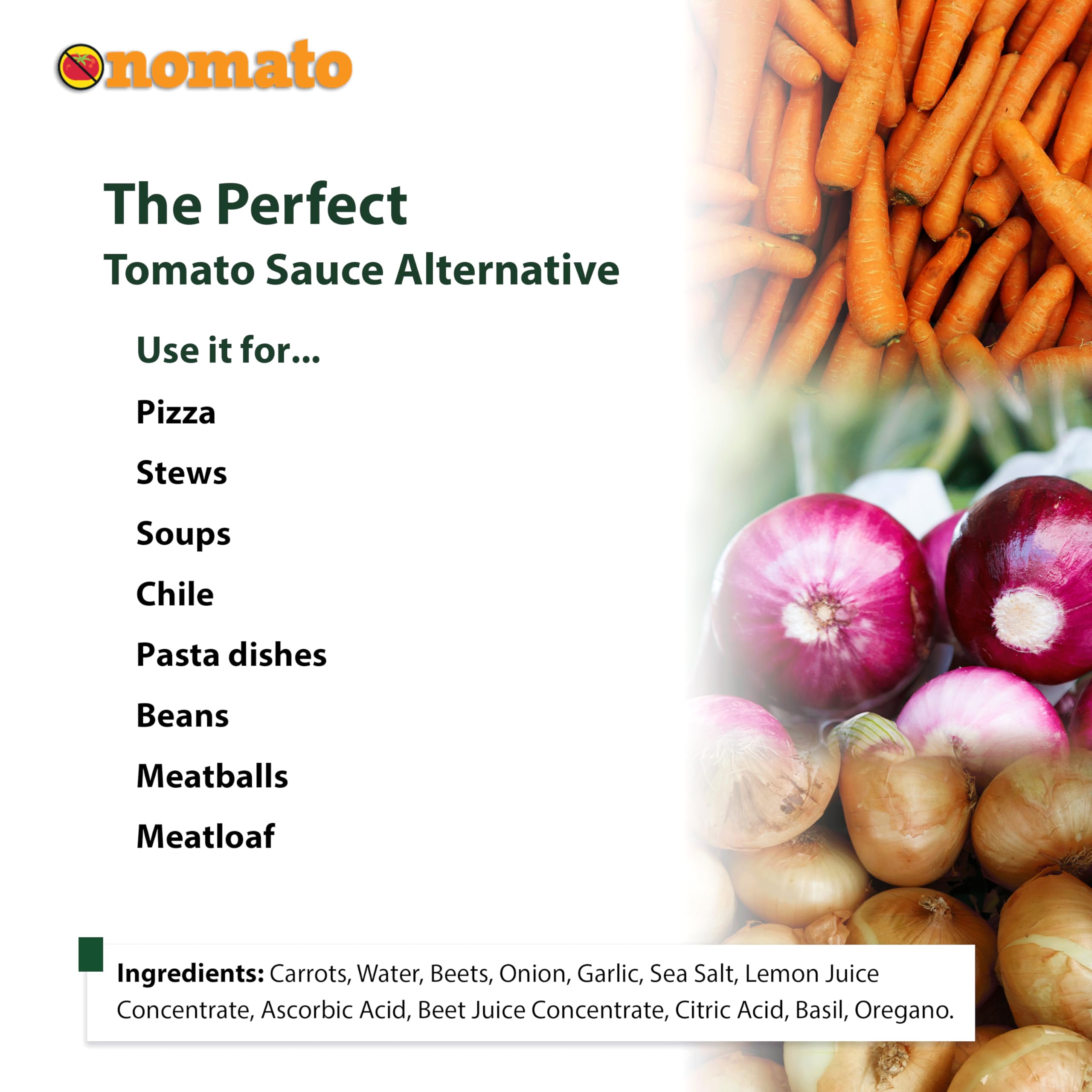 Nomato Original tomato-free marinara ingredients visible, highlighting root vegetables and herbs.