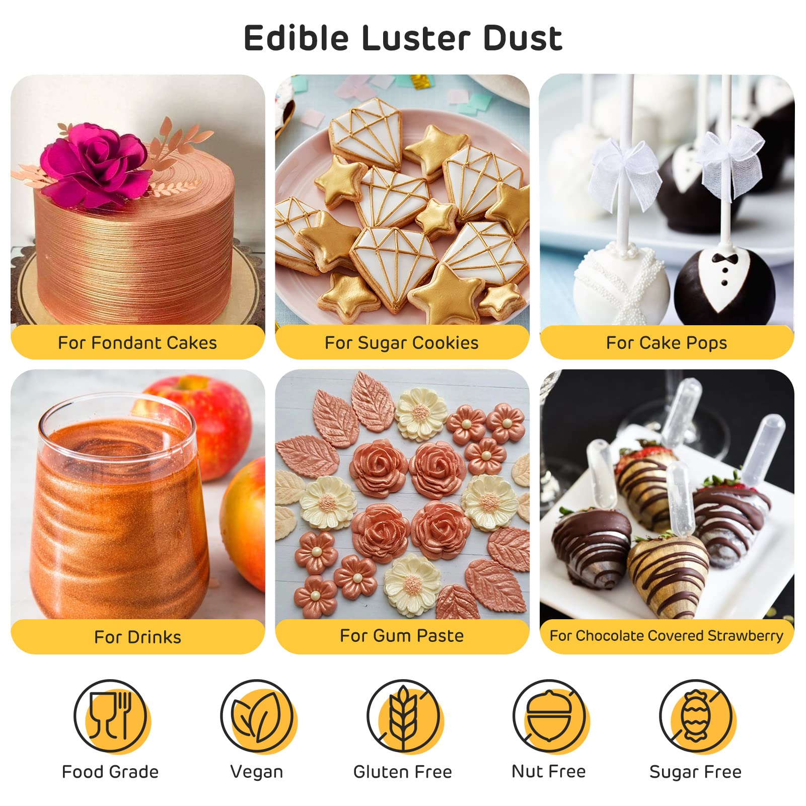 Nomeca gold luster dust on fondant creates metallic highlight.