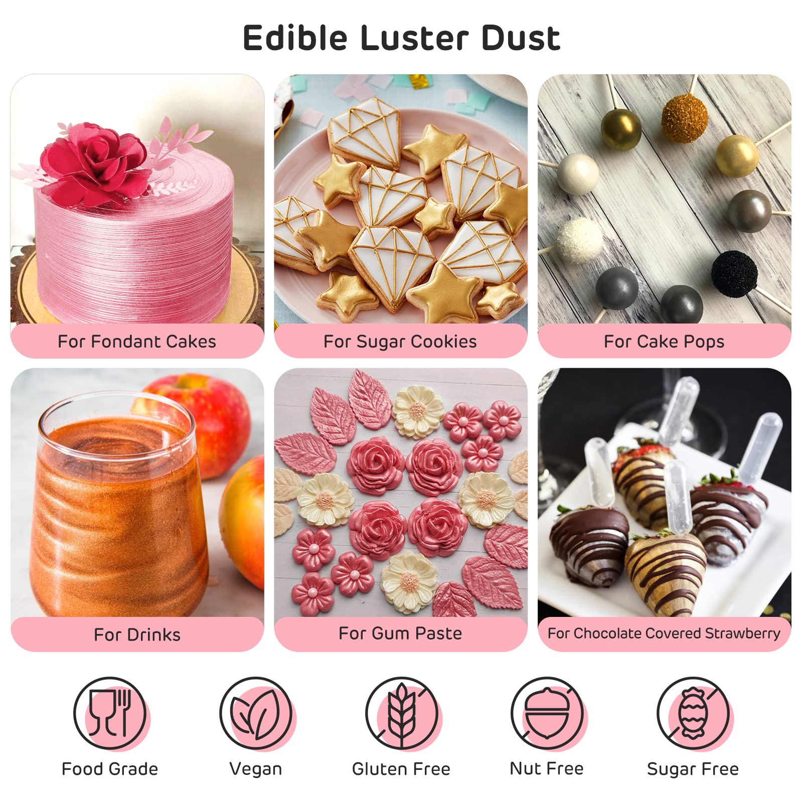 Nomeca pink luster dust close-up reveals fine shimmer for fondant accents.