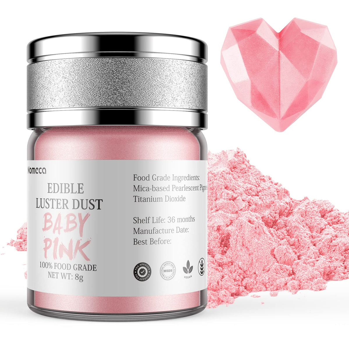 Nomeca edible luster dust pink packaging shows premium decorating ingredients.