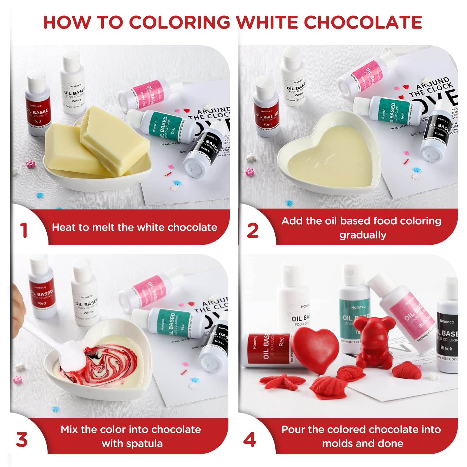 Nomeca fondant decorating color yields smooth, saturated fondant tones.