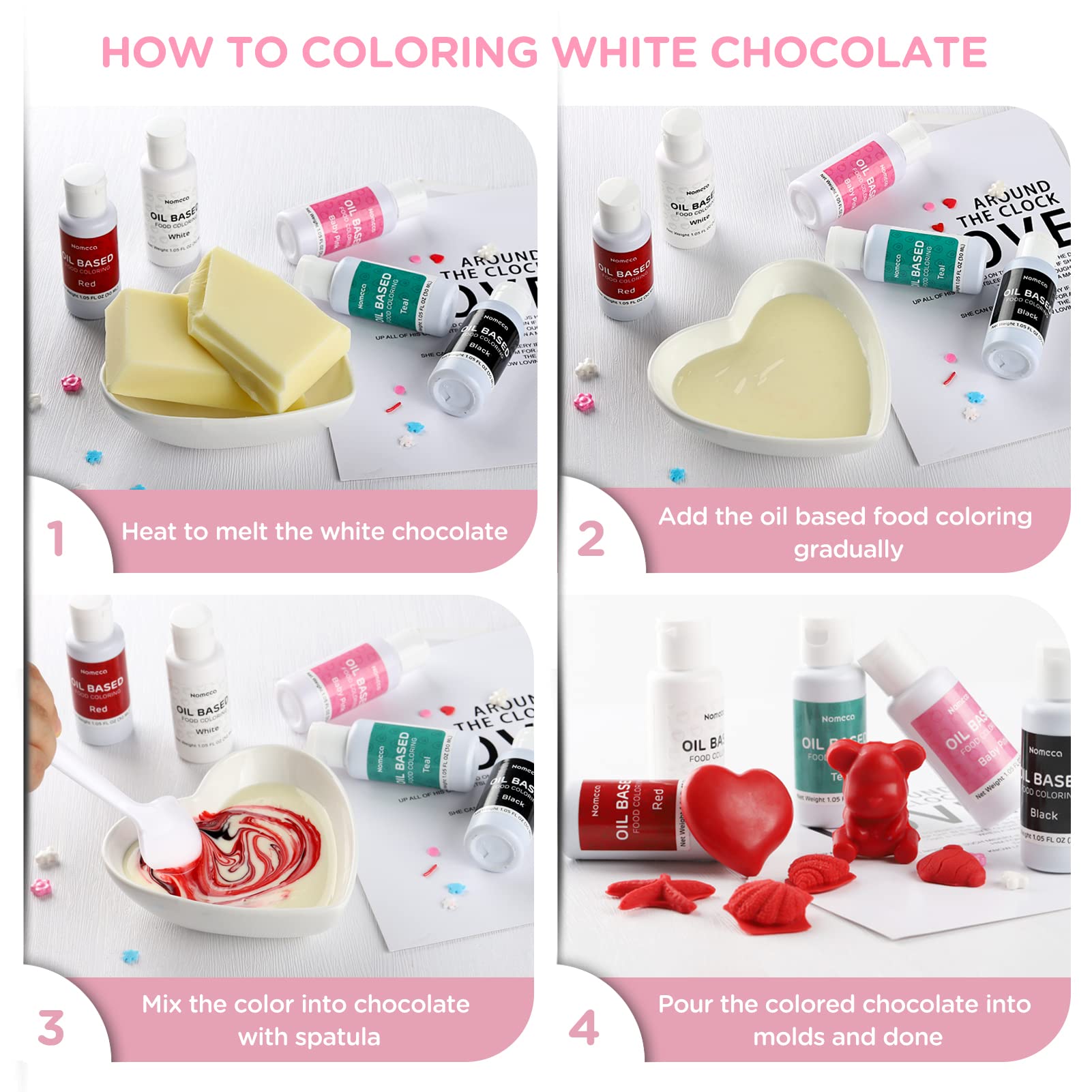 Nomeca pink oil-based color for melt dipping creates smooth candy coatings