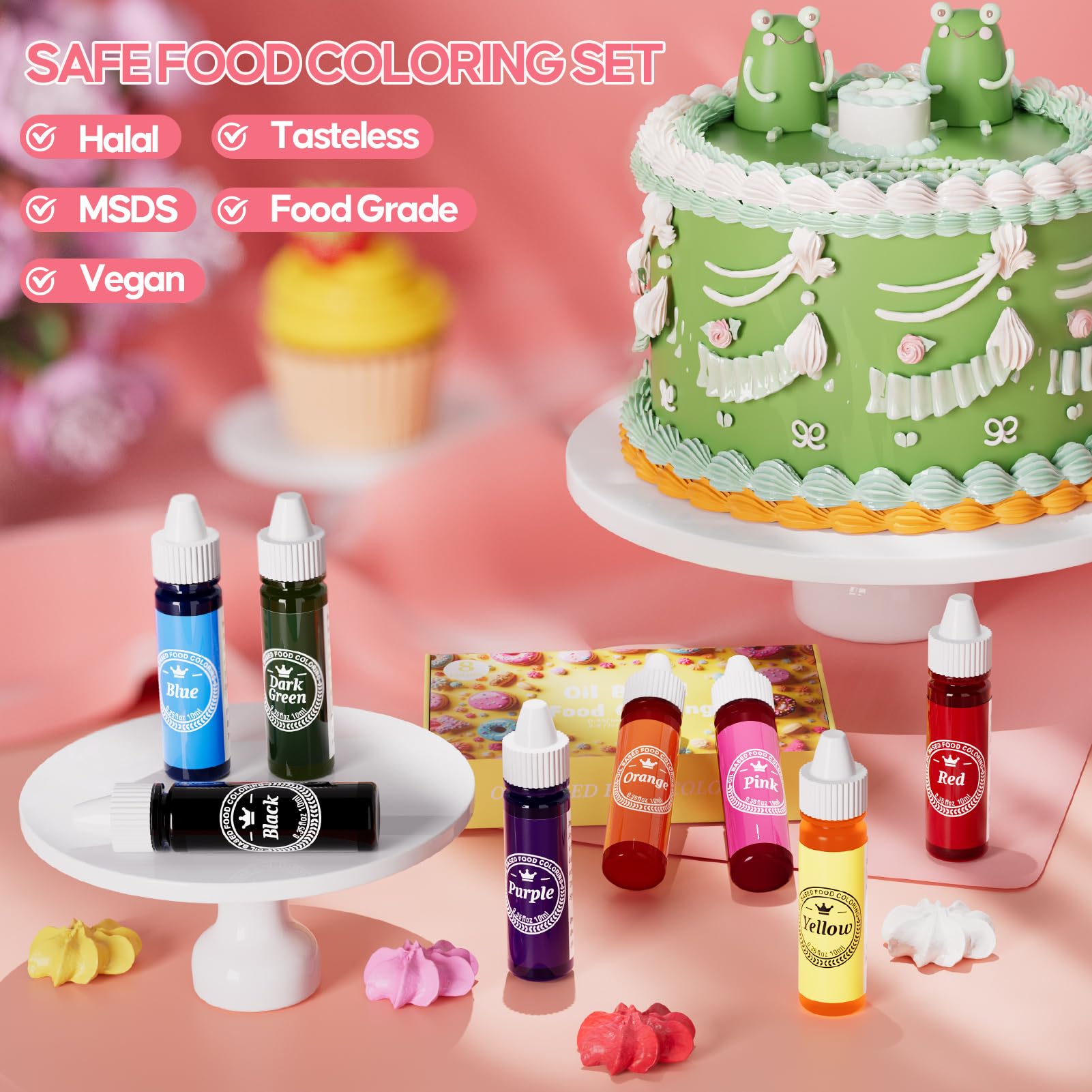 Nomeca green oil-based color dropper for cocoa butter desserts.