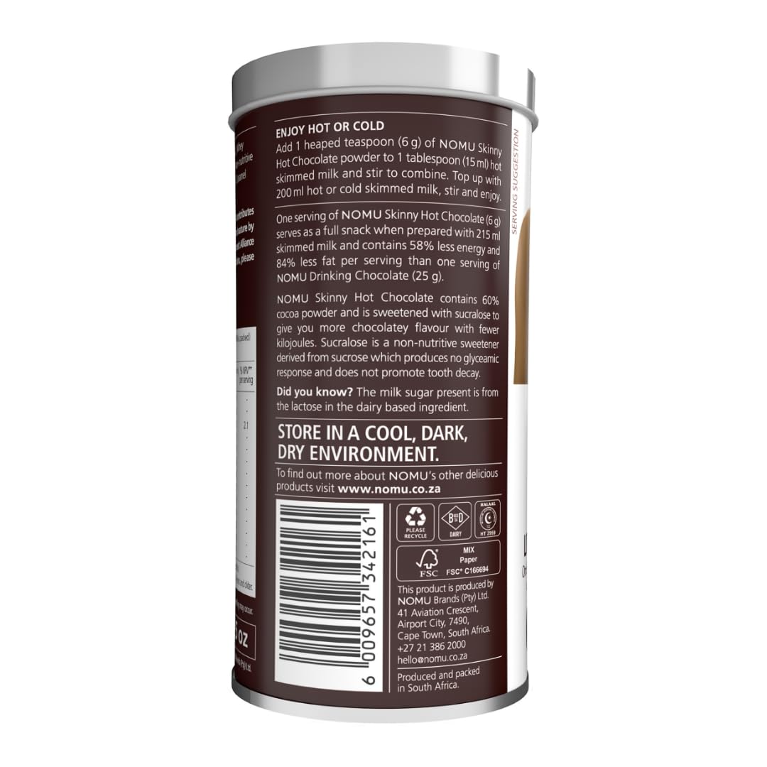 NOMU Skinny hot chocolate nutrition panel aids informed keto and protein-conscious choices.