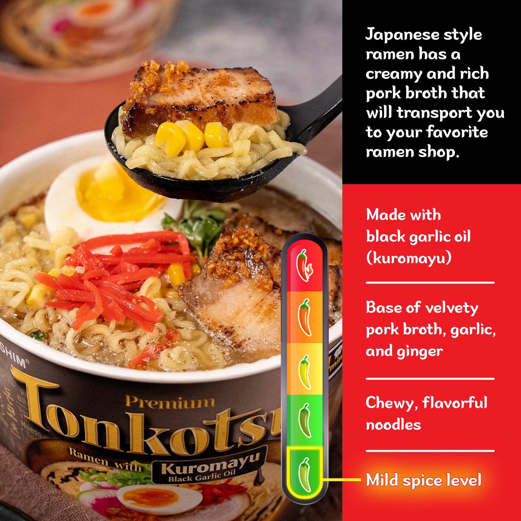 Nongshim Tonkotsu ramen creamy broth close-up with silky noodles.