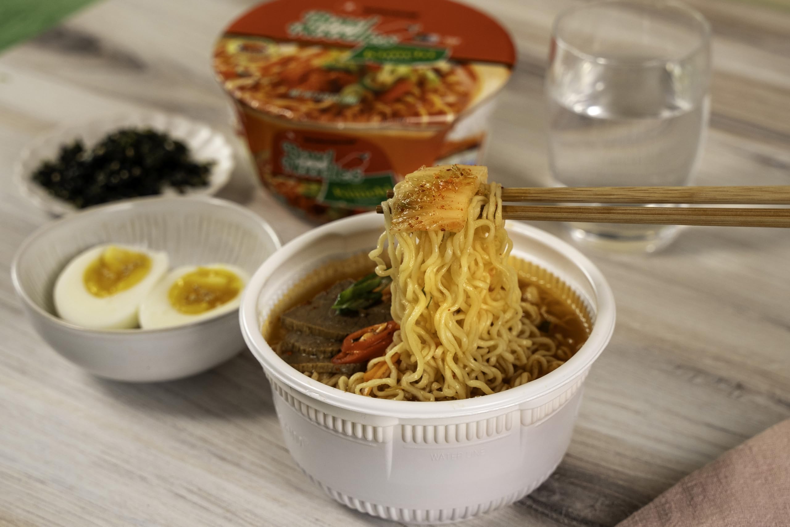Microwavable Nongshim ramen bowl ready for quick prep