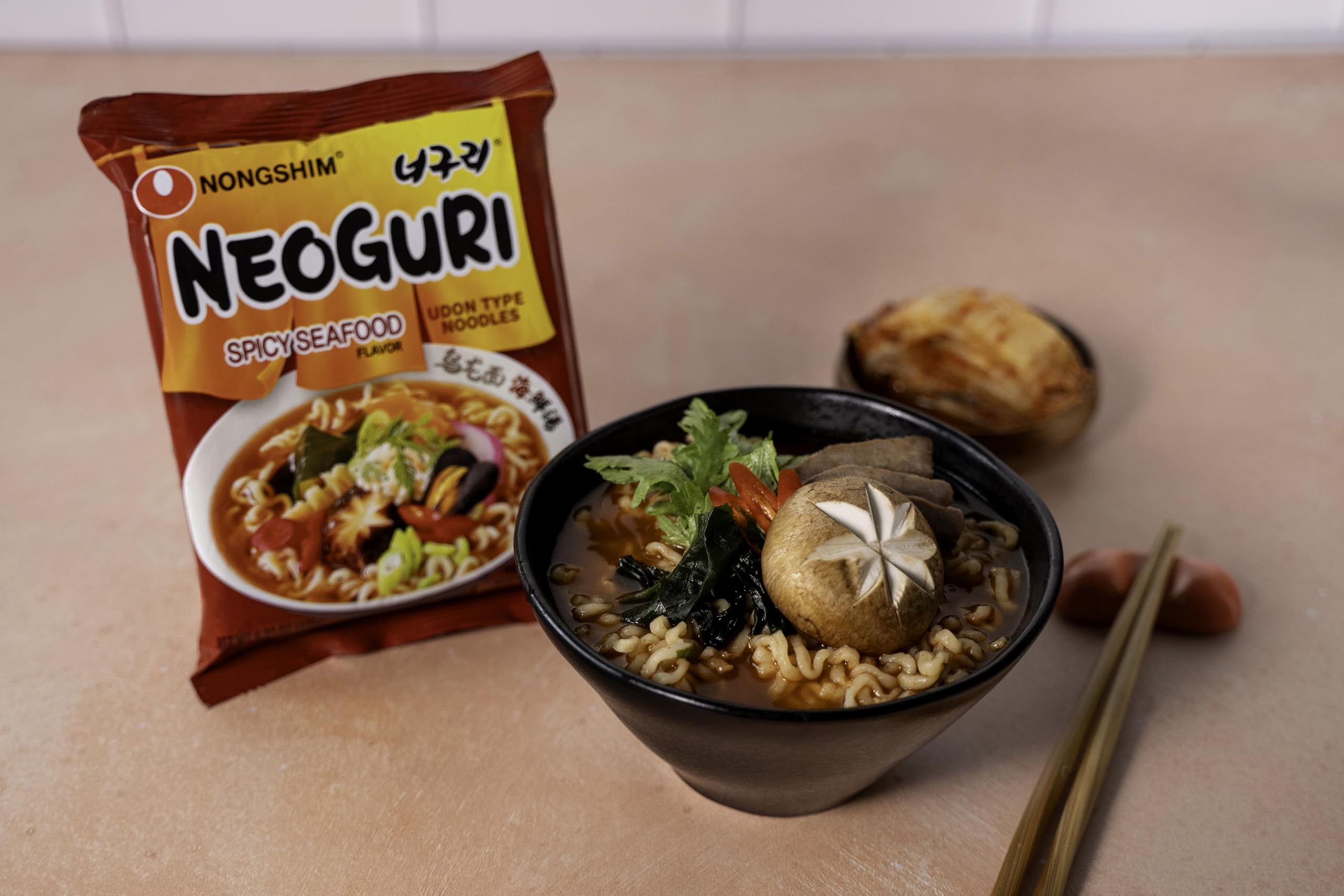 Nongshim Neoguri spicy-seafood broth with udon noodles steaming hot