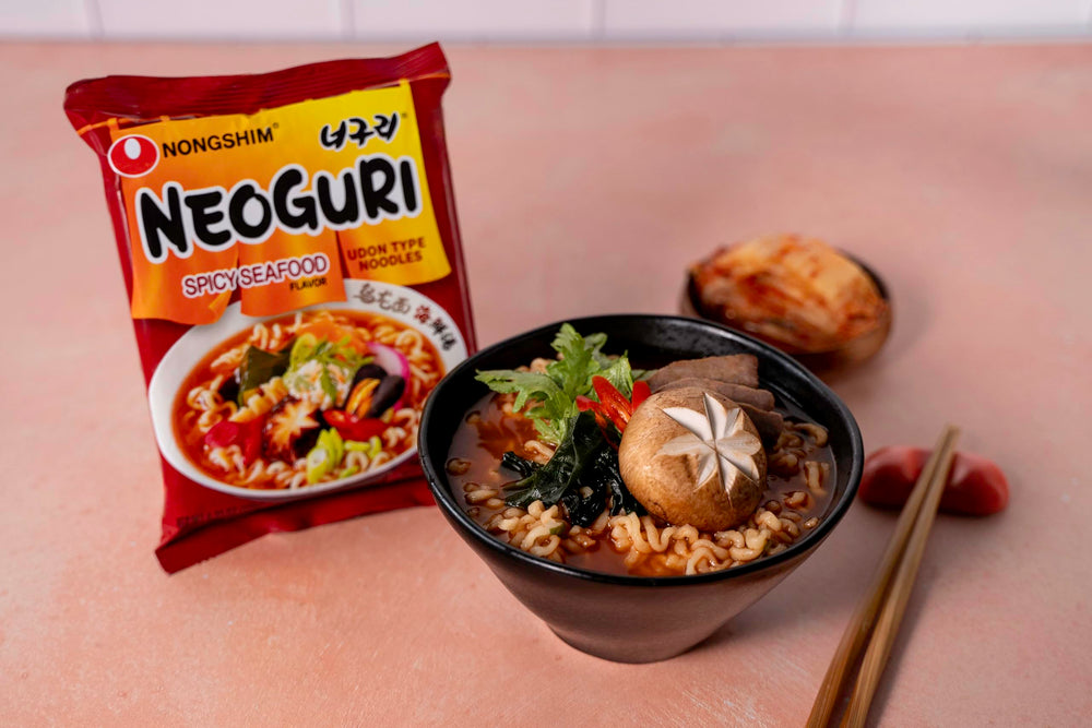 Nongshim Neoguri spicy-seafood broth with udon noodles steaming hot