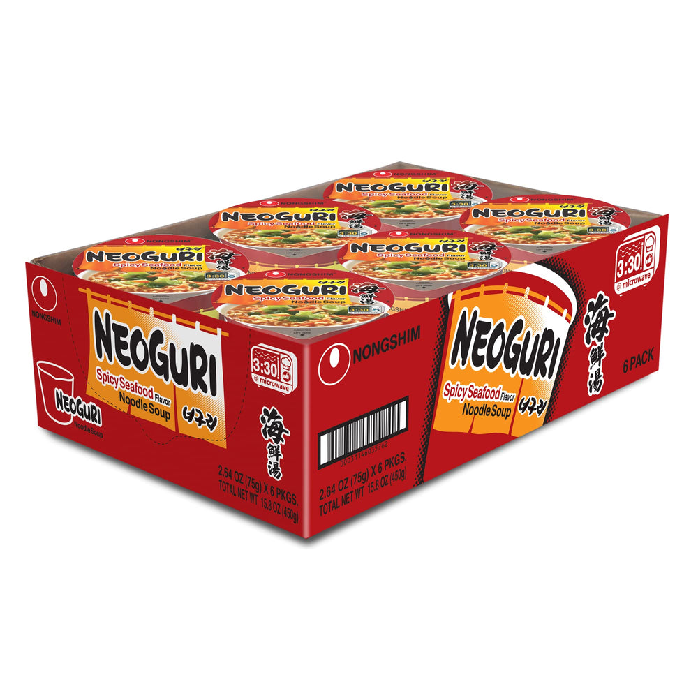 Nongshim Neoguri Spicy Seafood Cup ingredients close-up, premium seafood elements enhance broth