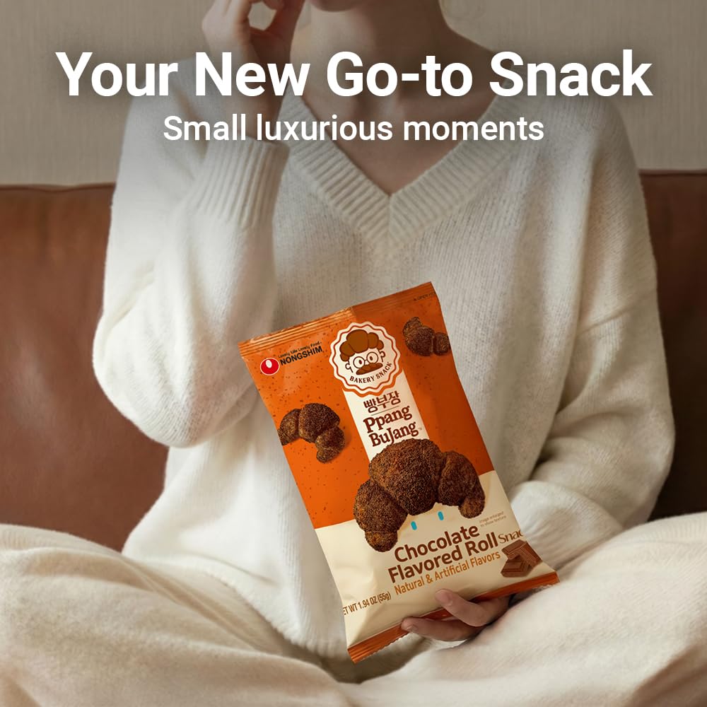 Nongshim Ppang Bujang chocolate roll packaging front — premium snack imagery.