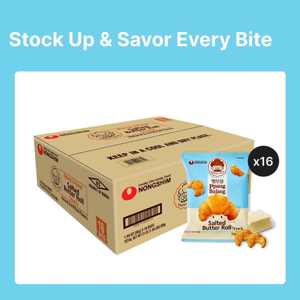 Nongshim Ppang Bujang salted butter roll snack, balanced butter-salt flavor for versatile snacking.