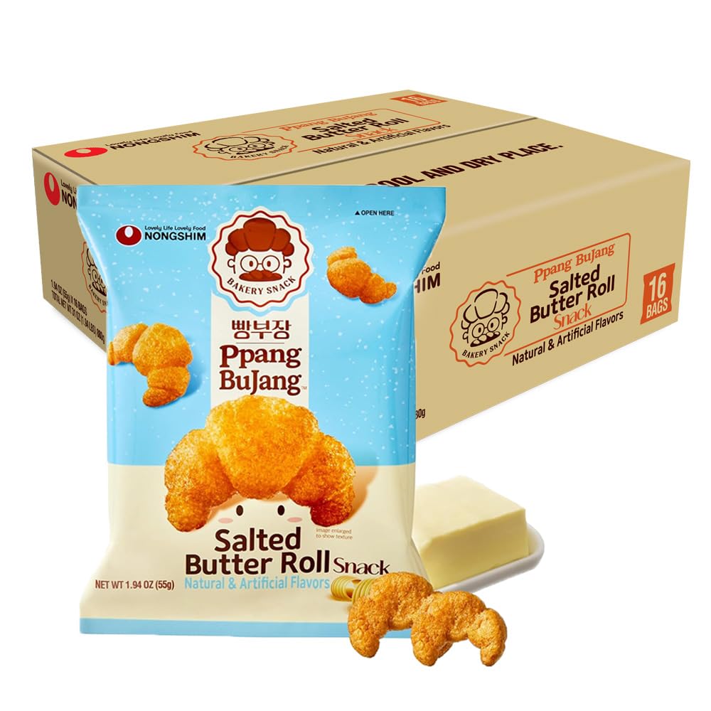 Nongshim Ppang Bujang salted butter roll snack, crisp bite for on-the-go indulgence.