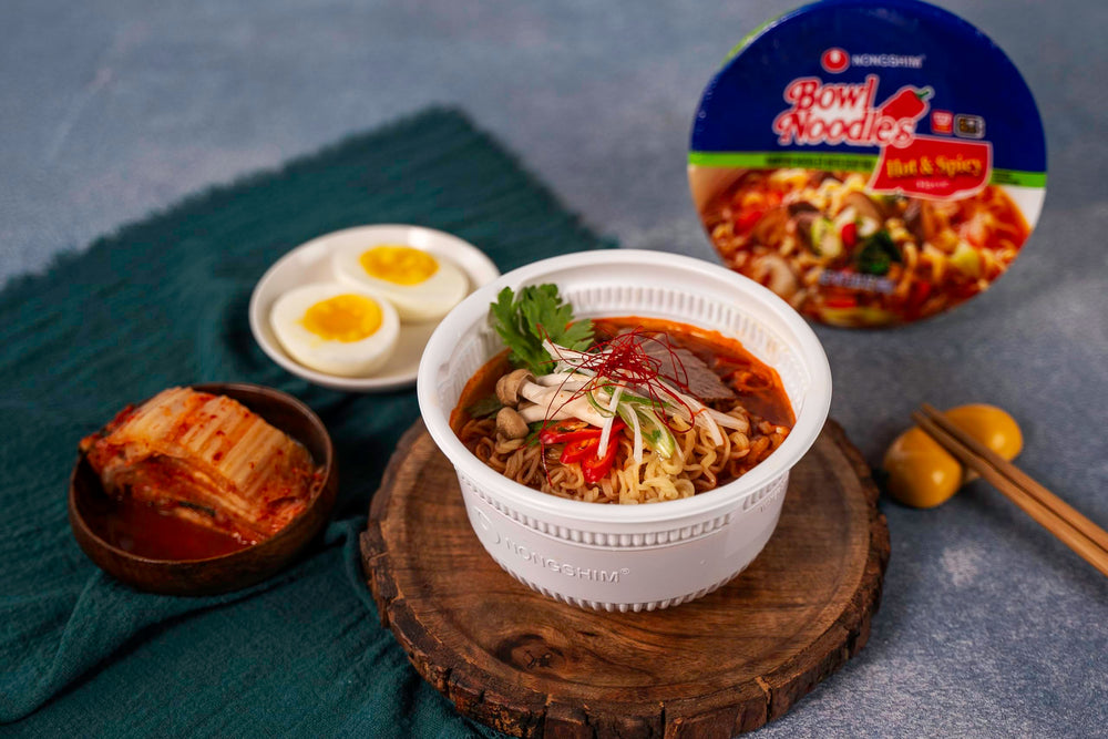 Nongshim ramen noodles close-up showing rich texture