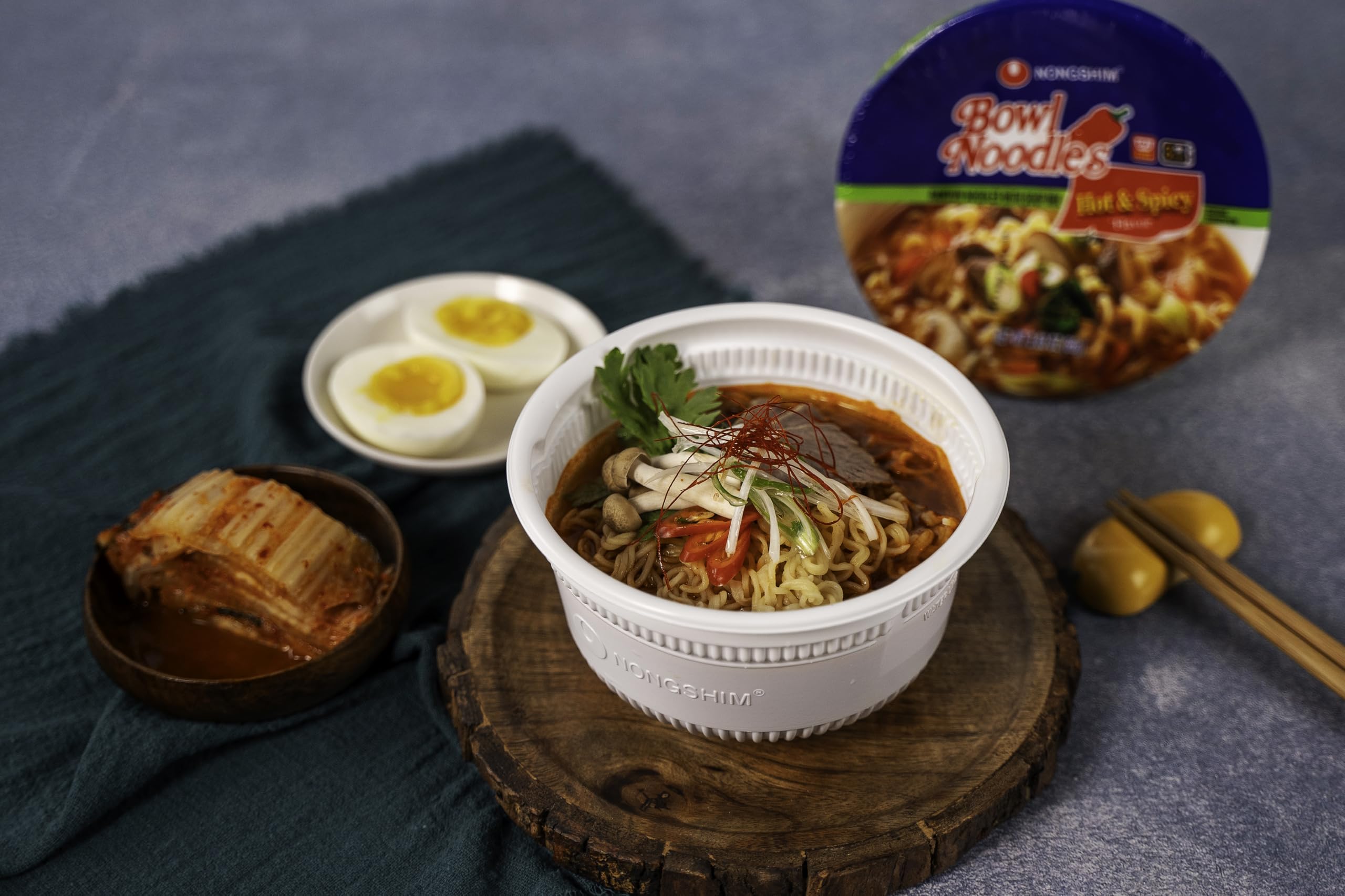 Nongshim ramen noodles with crisp carrot toppings for texture and color