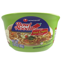 Nongshim ramen noodles hot spicy bowl showing rich broth and noodles for quick comfort