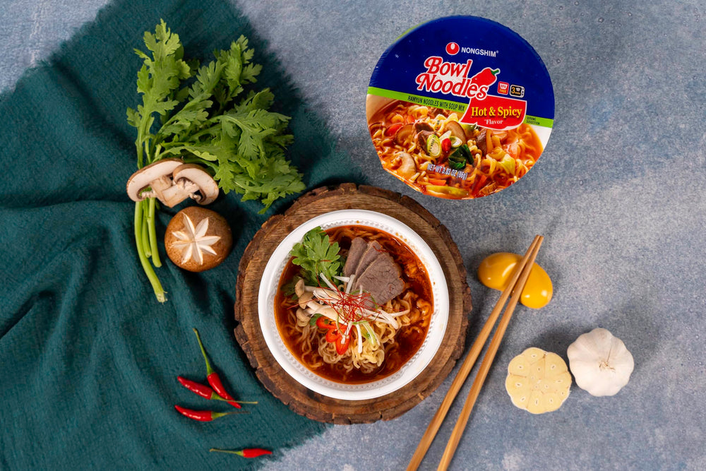 Nongshim ramen noodles with vegetable sauce packet for added depth