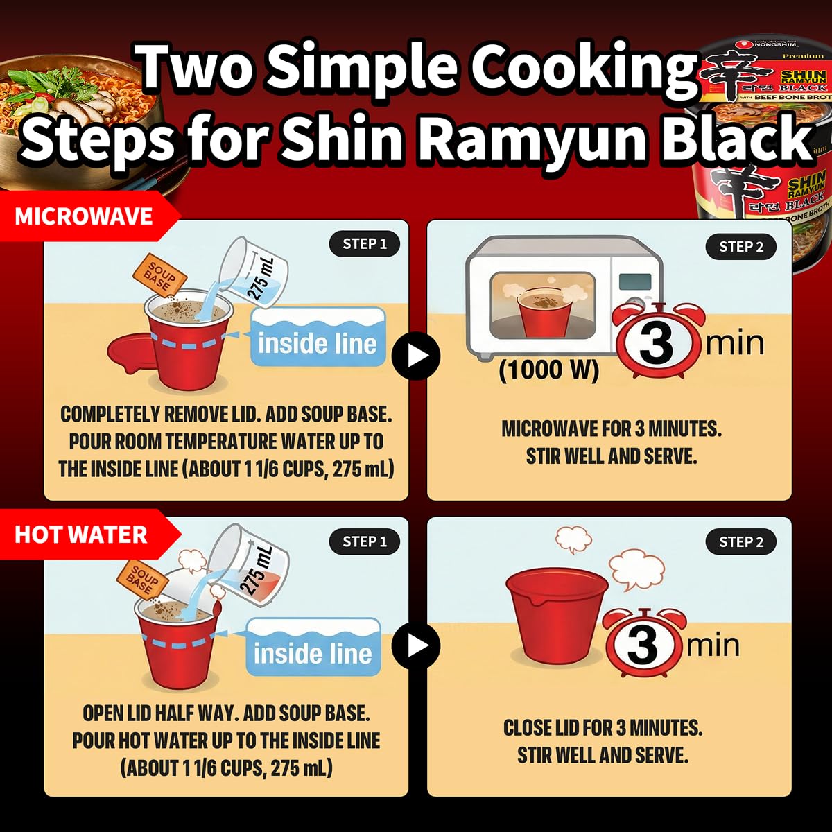 Dry Shin Black noodles and seasoning sachets before preparation
