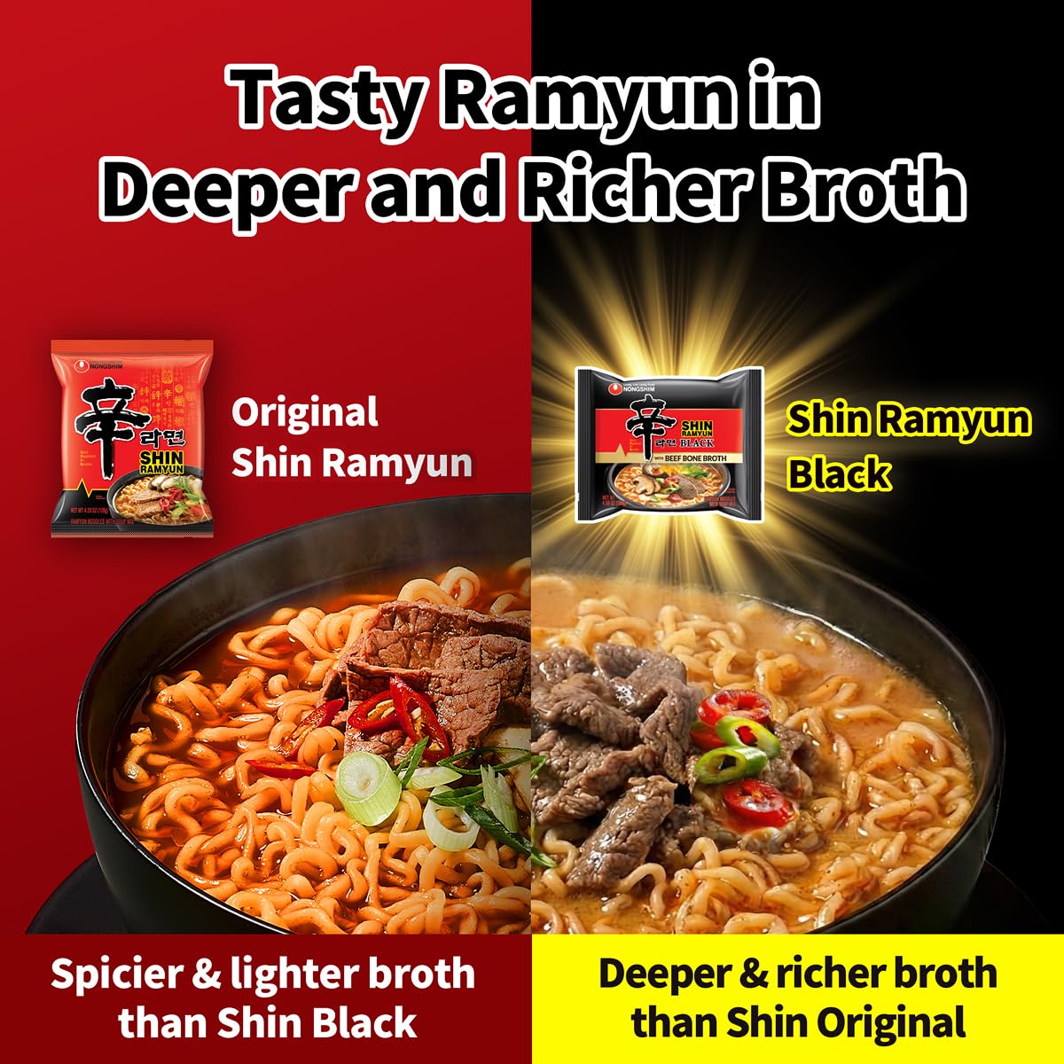Nongshim Shin Black vegetables and garlic highlight, adds depth to the ramen.