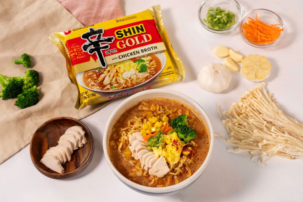 Nongshim Shin Gold chicken-broth-base creates a comforting soup base.