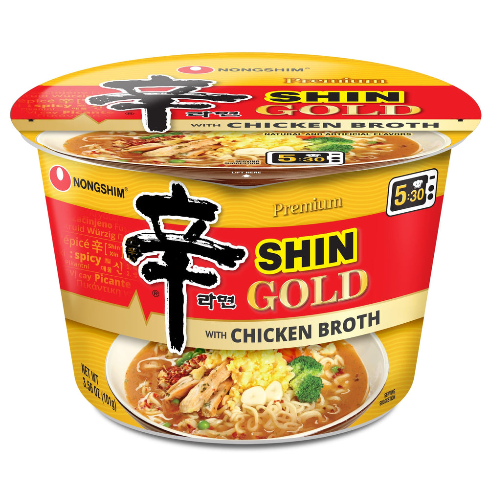 Nongshim Shin Gold packaging highlights premium fusion ramen for quick meals