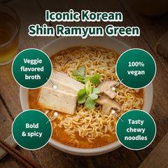 Nongshim Shin Green fried tofu chunks add protein and bite.