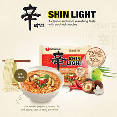Nongshim Shin Light broth close-up showing balanced flavor for quick meals