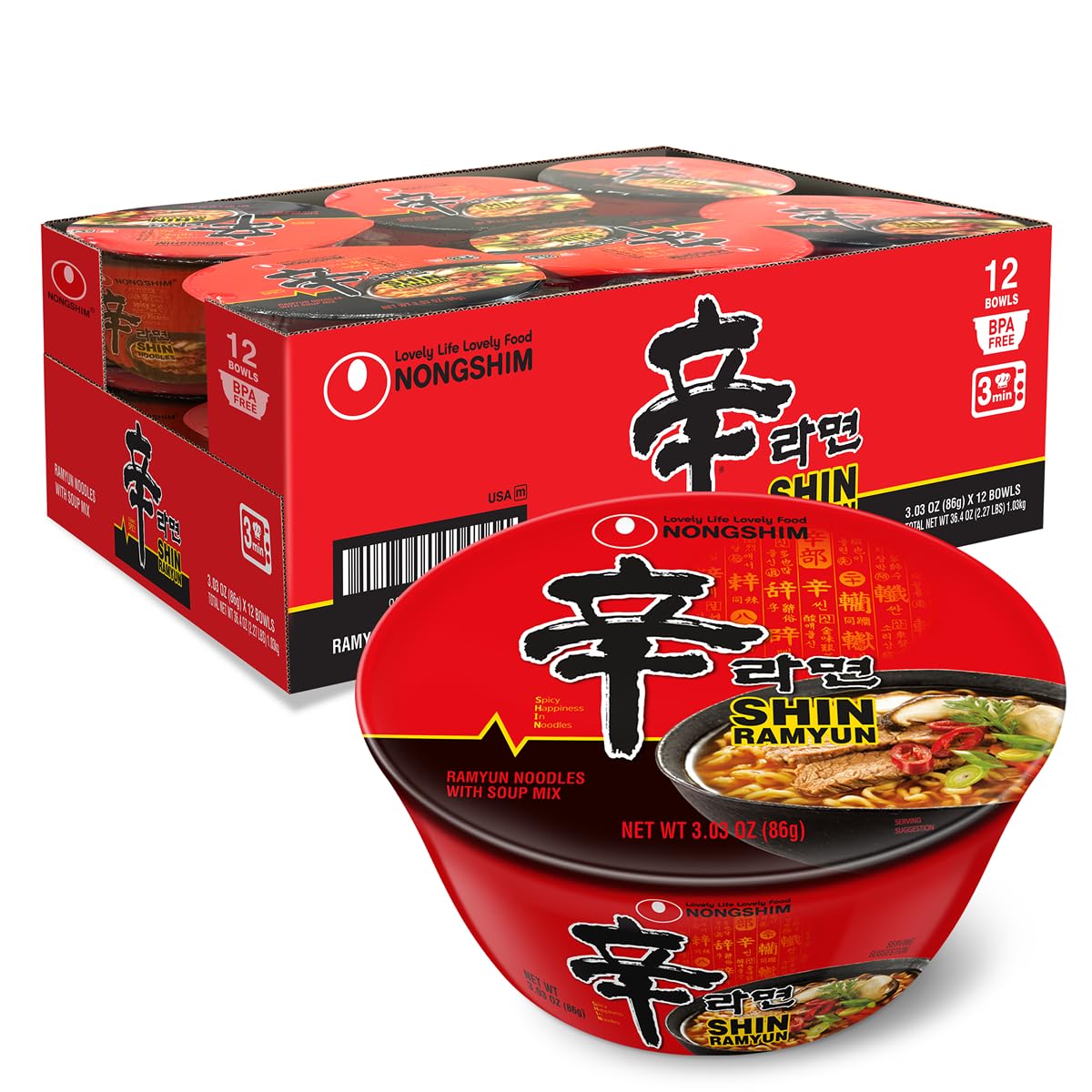 Nongshim Shin Ramyun Bowl with spicy broth ready in minutes