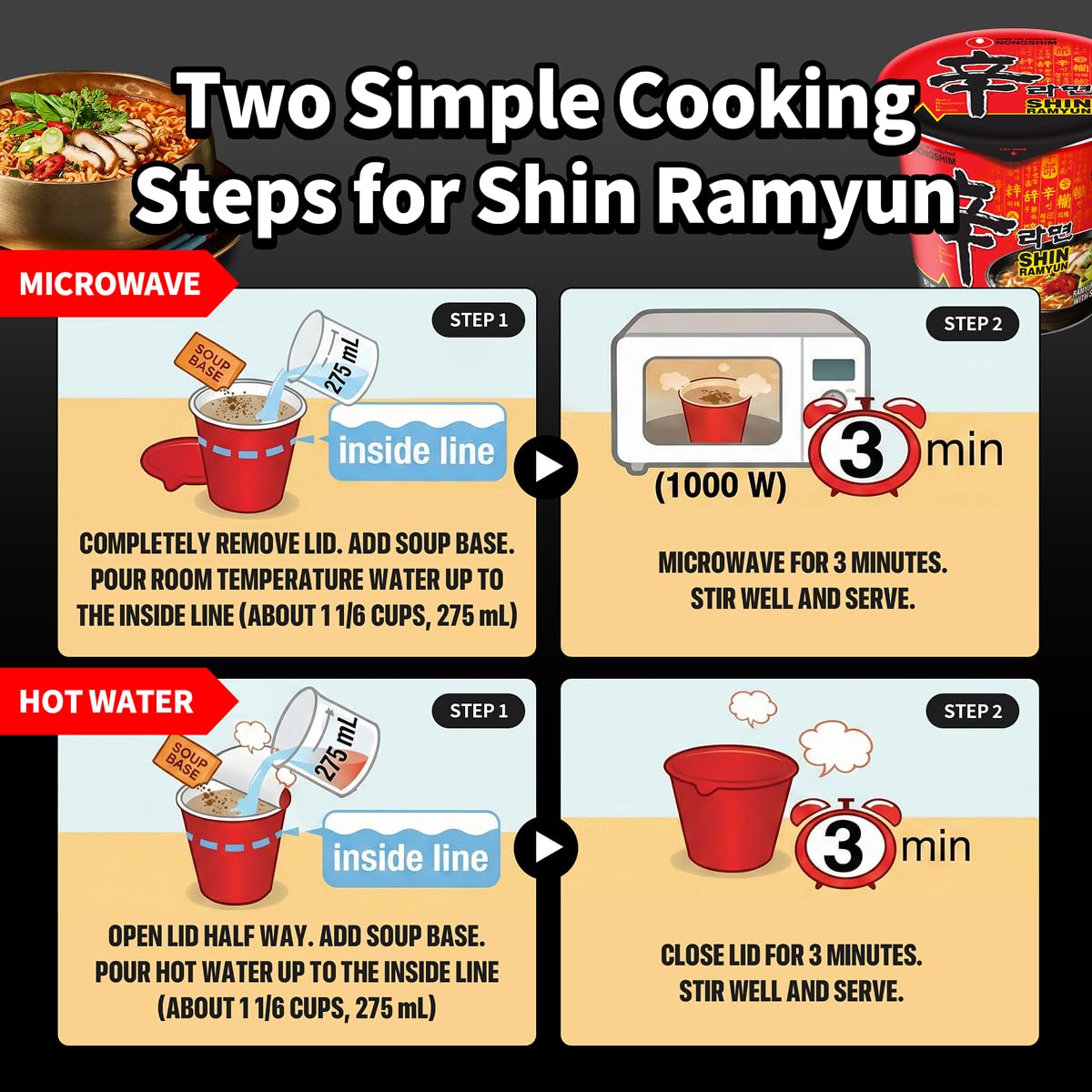 Six-pack Nongshim Shin Ramyun Cup packaging shown for pantry stocking