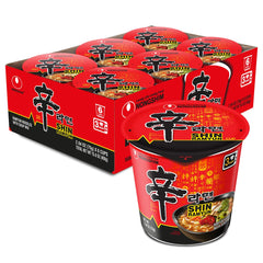 Nongshim Shin Ramyun Cup packaging showcased, ideal for quick meals on the go