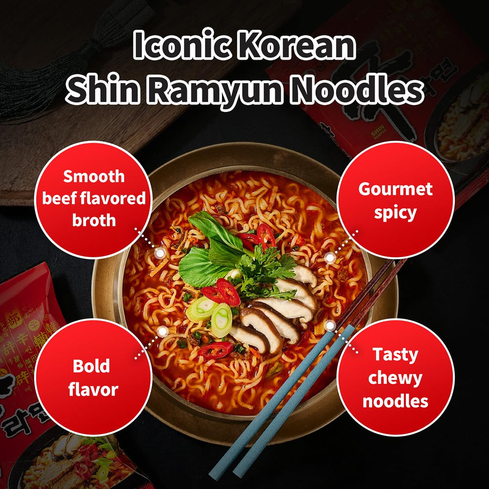 Nongshim Shin Ramyun sauce packet with vegetables adds depth to each bite.