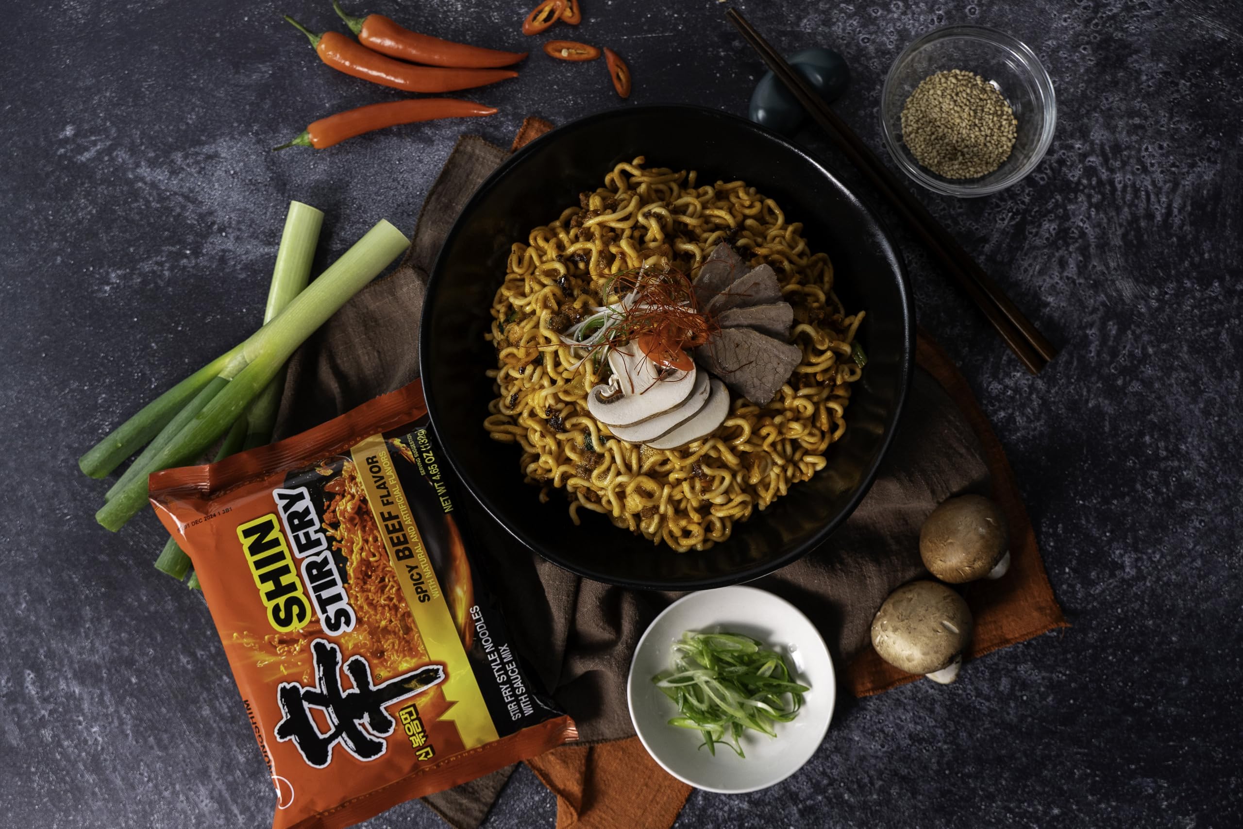 Nongshim Shin Ramyun Stir-Fry Square Bowl six-pack, convenient pantry staple for busy nights.