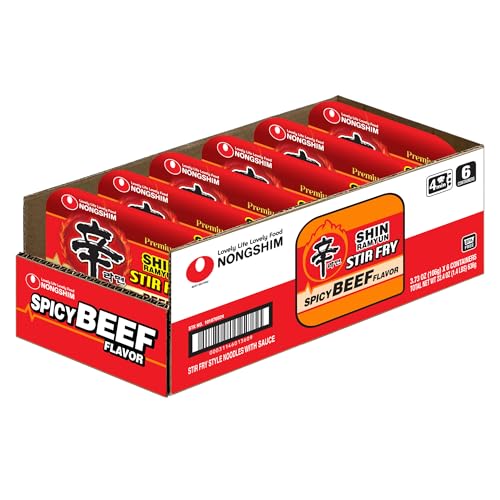Nongshim Shin Ramyun Stir-Fry Square Bowl on table with chopsticks, ideal for craving satisfaction.