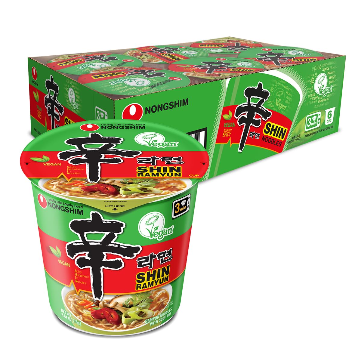 Nongshim Shin Ramyun Vegan six-pack packaging for quick meals