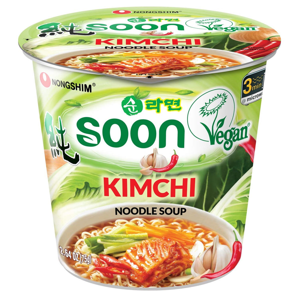 Nongshim Soon Kimchi Noodle Cup 6-pack for quick vegan meals.
