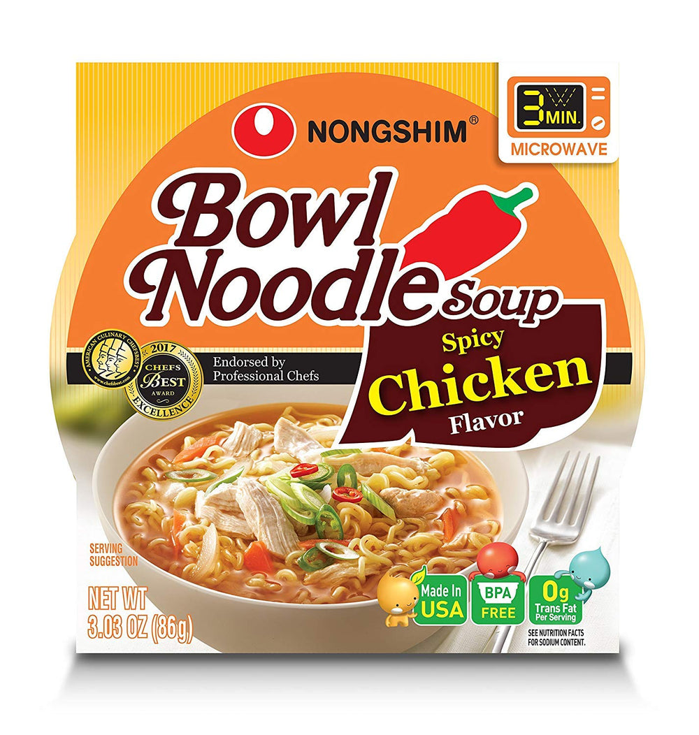 Nongshim spicy chicken ramen bowl shown steaming for a quick, flavorful dinner.