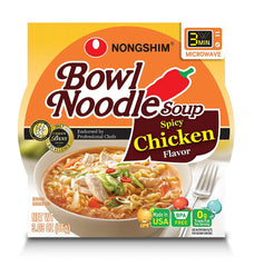 Nongshim spicy chicken ramen bowl shown steaming for a quick, flavorful dinner.