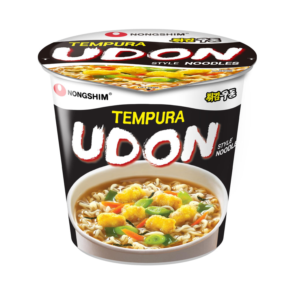 Nongshim Tempura Udon broth and noodles steaming in microwave-ready cup, convenient comfort