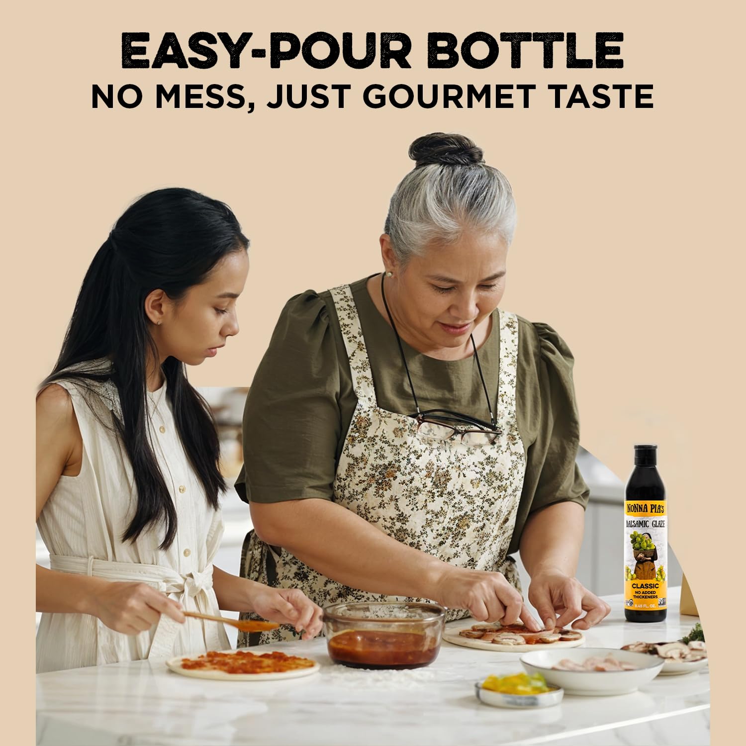 Pouring Nonna Pia’s balsamic glaze onto a dish.