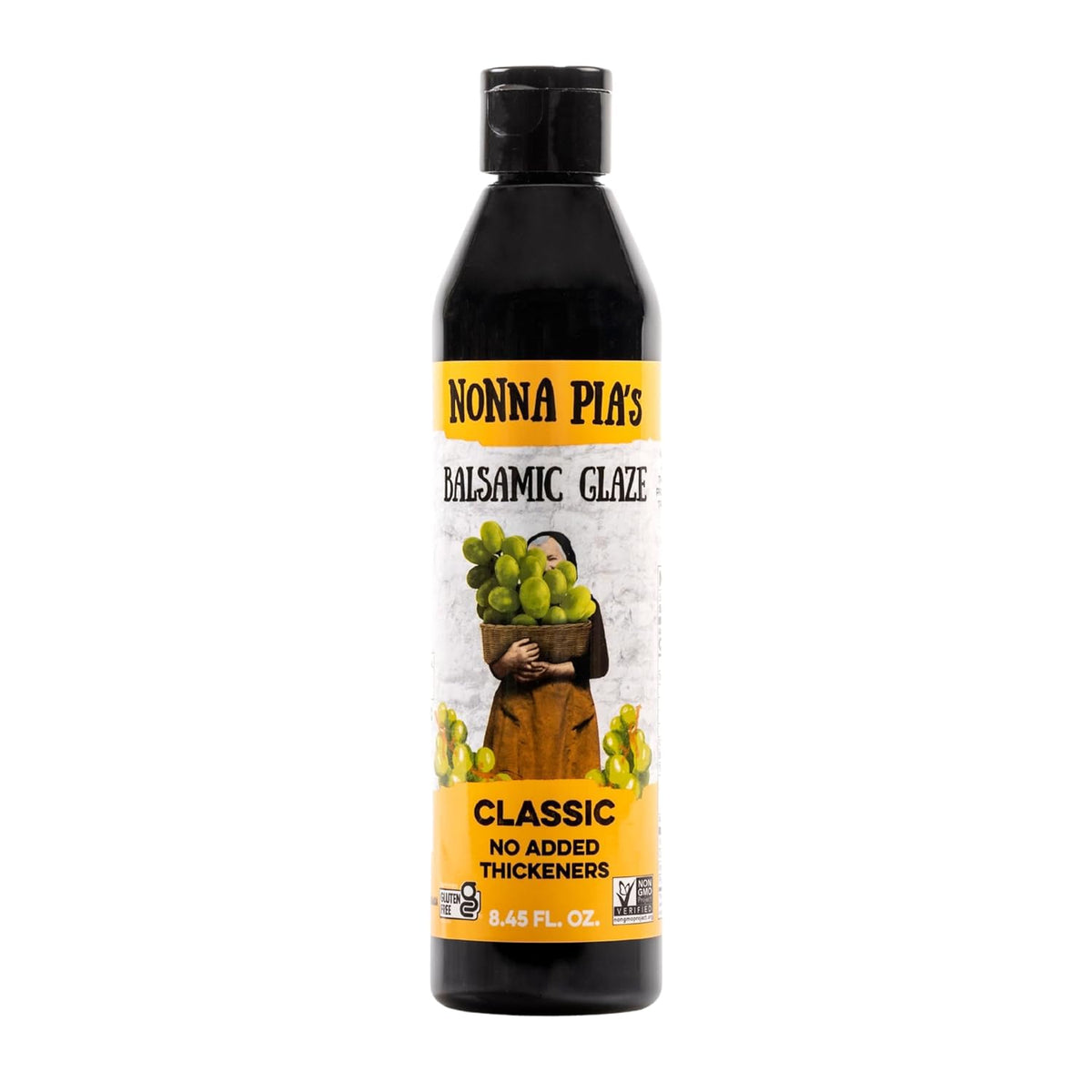 Nonna Pia's Classic Balsamic Glaze bottle front view for glossy drizzle.
