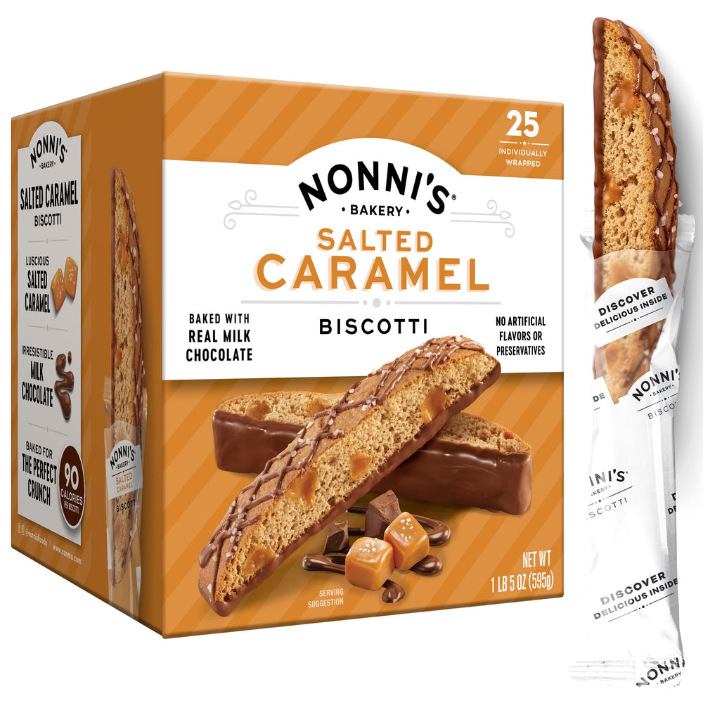 Nonni's Bakery salted caramel biscotti cookies box, ready for sharing.