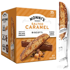 Nonni's Bakery salted caramel biscotti cookies box, ready for sharing.