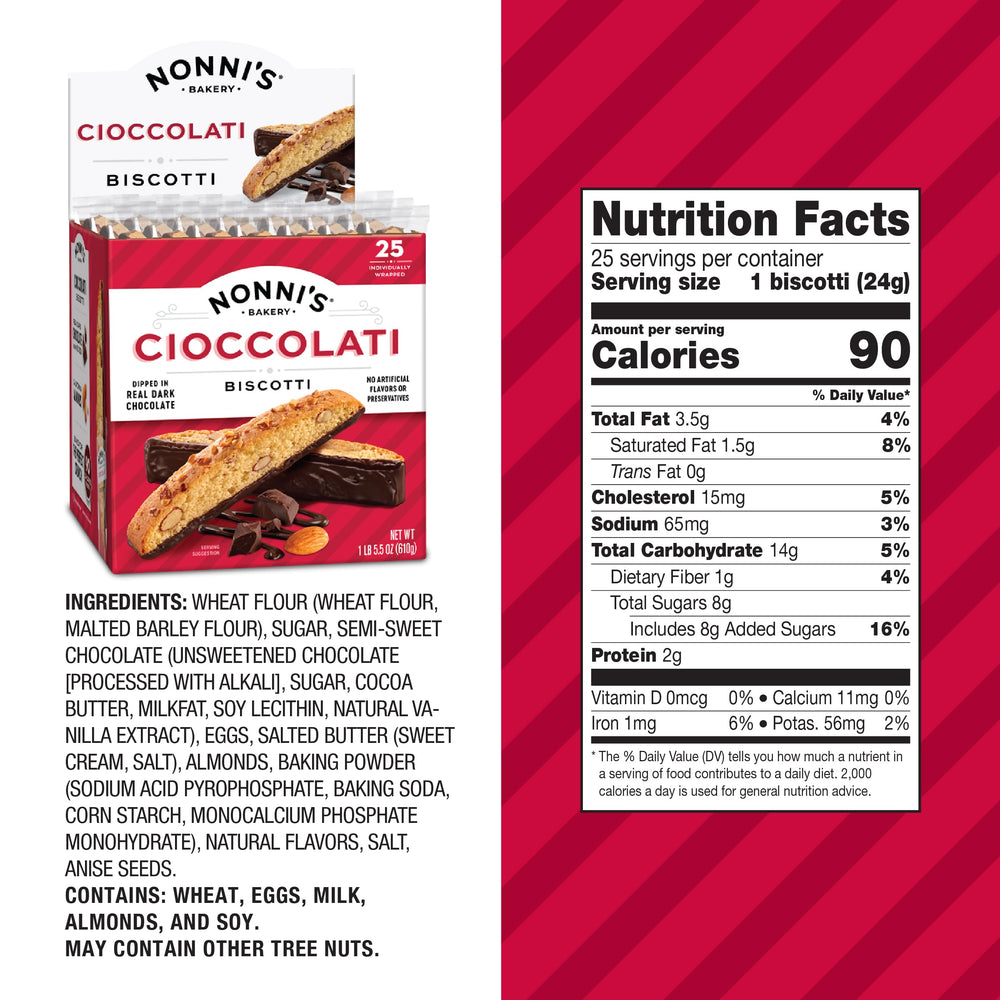 Nonni's cioccolati biscotti close-up with dark chocolate coating.