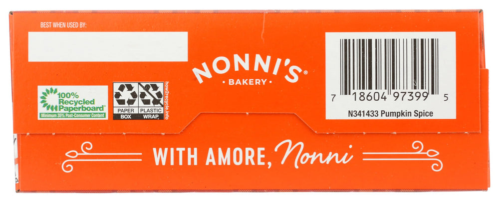 Nonni's Biscotti Pumpkin Spice ingredients emphasize no hydrogenated fats or HFCS.