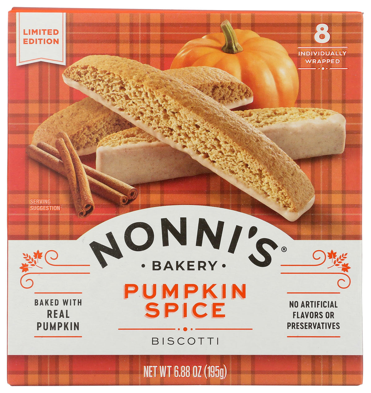 Nonni's Biscotti Pumpkin Spice packaging showcases premium quality and gift appeal.