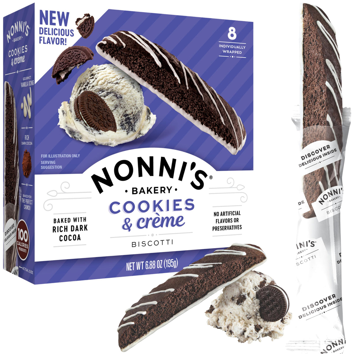 Nonni's Cookies & Creme Biscotti rich cocoa with vanilla icing ideal for dunking.