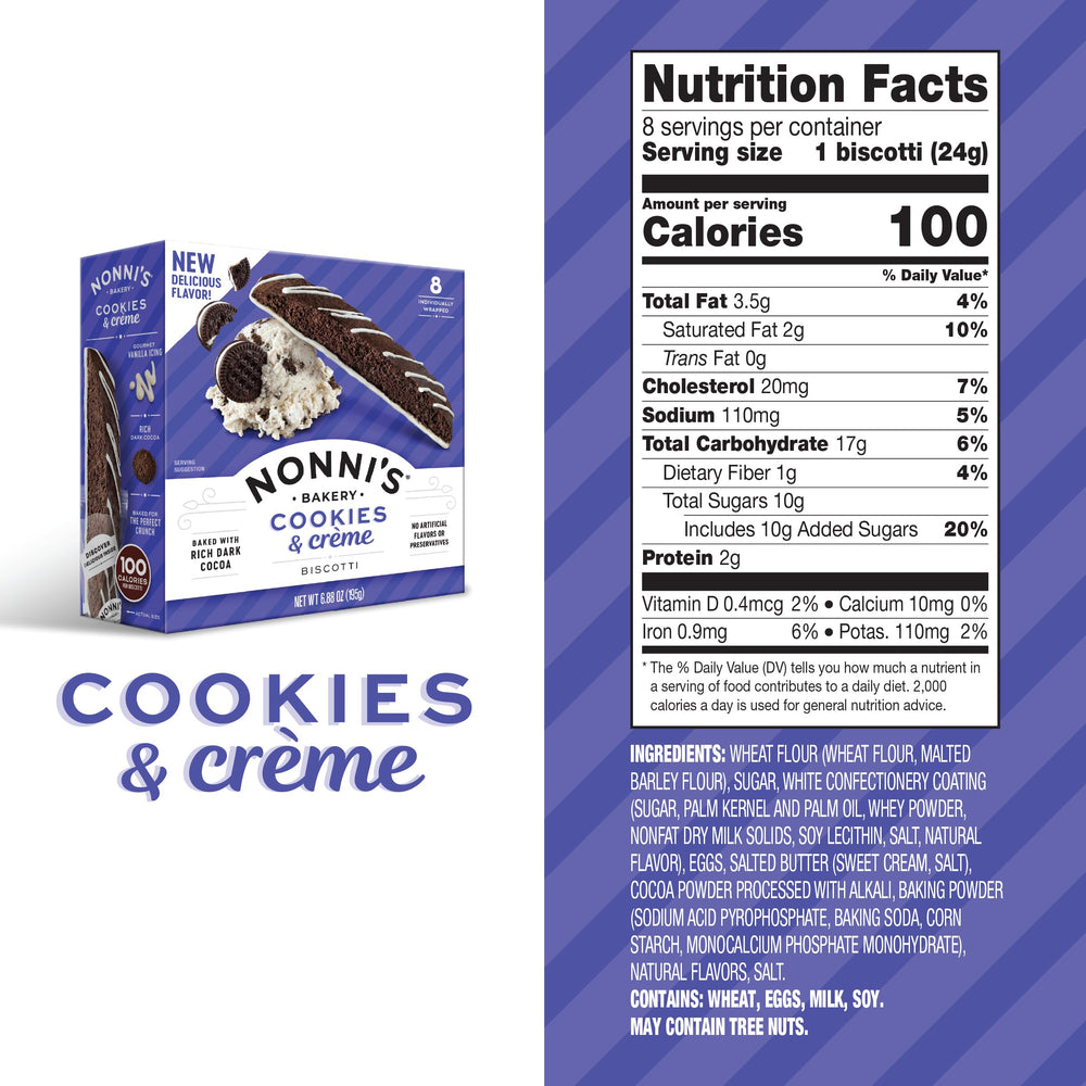 Nonni's Cookies & Creme Biscotti twice-baked for a crisp bite, ideal with coffee.